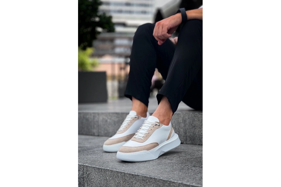 Shoecide Sb0354 Günlük  Bağcıklı Erkek  Krem Parçalı Beyaz  Yüksek Taban Spor Ayakkabı