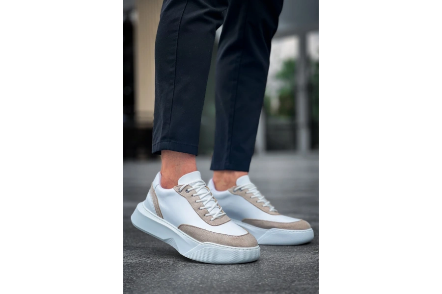 Shoecide Sb0354 Günlük  Bağcıklı Erkek  Krem Parçalı Beyaz  Yüksek Taban Spor Ayakkabı