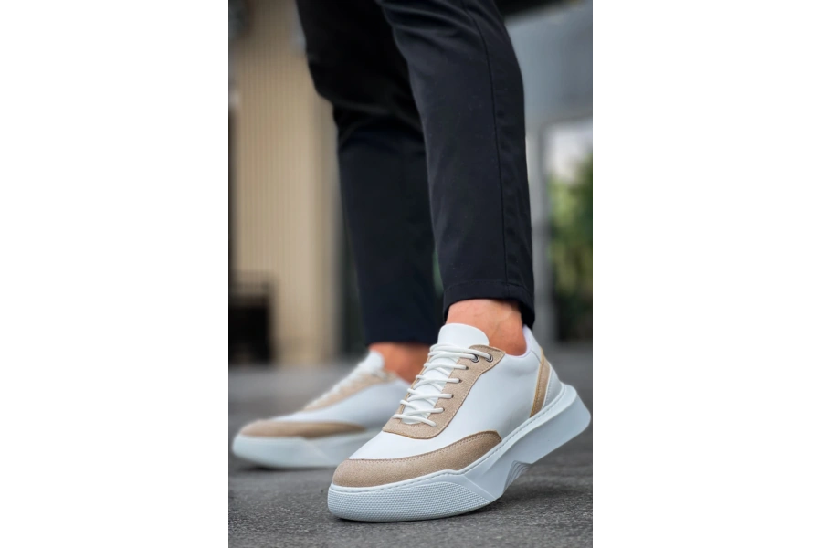 Shoecide Sb0354 Günlük  Bağcıklı Erkek  Krem Parçalı Beyaz  Yüksek Taban Spor Ayakkabı