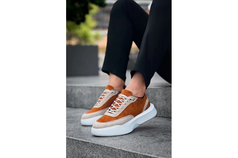Shoecide Sb0354 Günlük  Bağcıklı Erkek Yüksek Taban Krem Detaylı Taba Süet Spor Ayakkabı