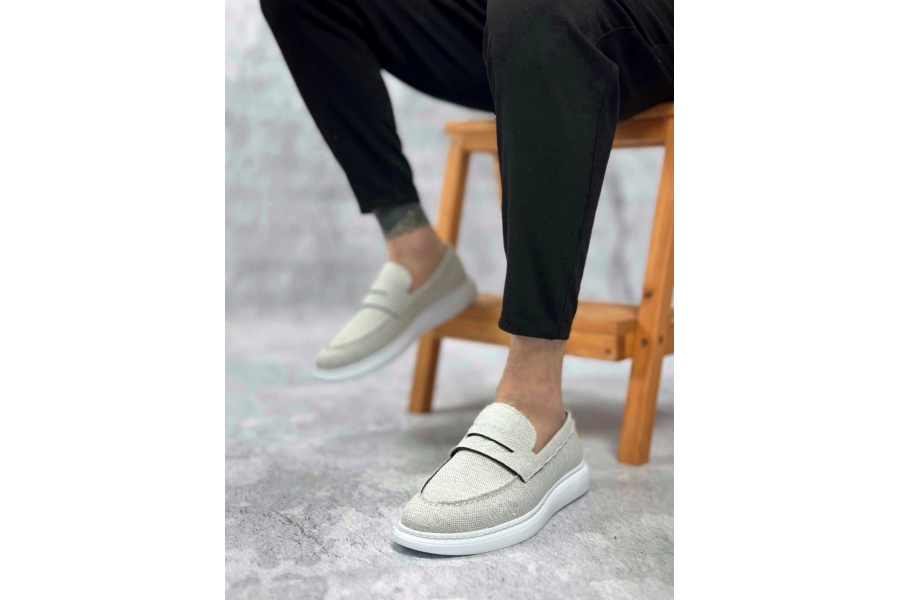 Shoecide Sb0355 Bağcıksız Keten Beyaz Klasik Corcik Erkek Ayakkabı