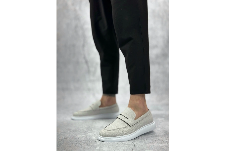 Shoecide Sb0355 Bağcıksız Keten Beyaz Klasik Corcik Erkek Ayakkabı