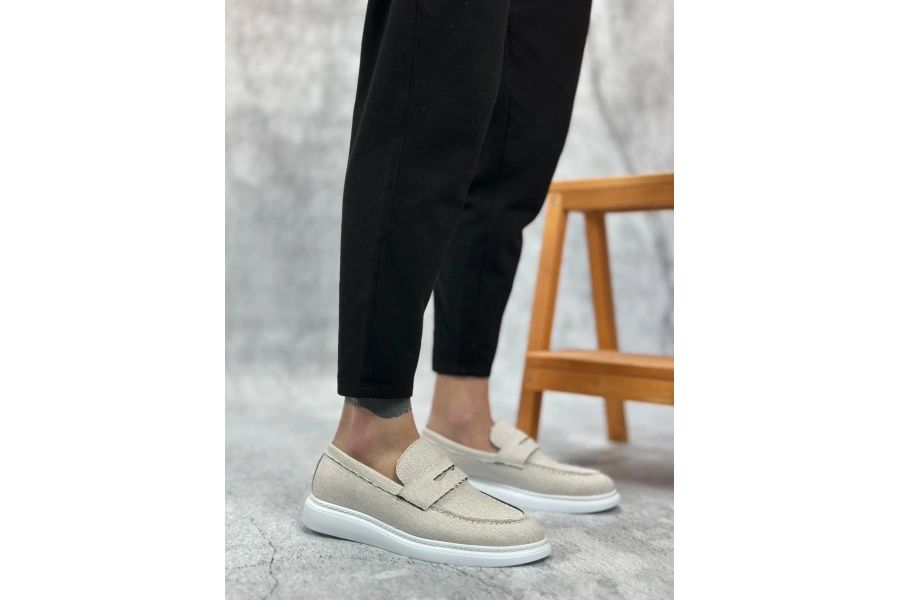 Shoecide Sb0355 Bağcıksız Keten Beyaz Klasik Corcik Erkek Ayakkabı