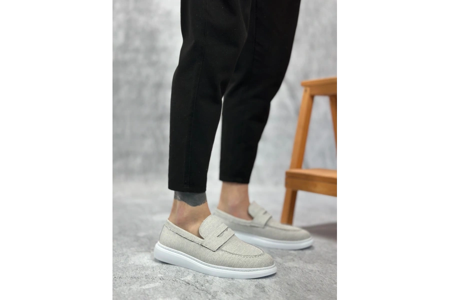 Shoecide Sb0355 Bağcıksız Keten Gri Klasik Corcik Erkek Ayakkabı