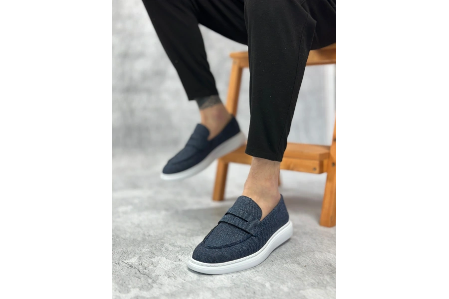 Shoecide Sb0355 Bağcıksız Keten Lacivert Klasik Corcik Erkek Ayakkabı