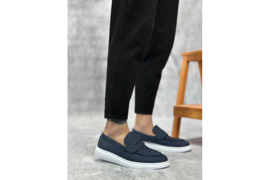 Shoecide Sb0355 Bağcıksız Keten Lacivert Klasik Corcik Erkek Ayakkabı