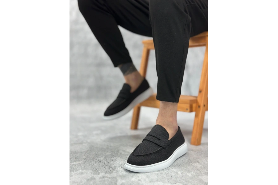 Shoecide Sb0355 Bağcıksız Keten Siyah Klasik Corcik Erkek Ayakkabı