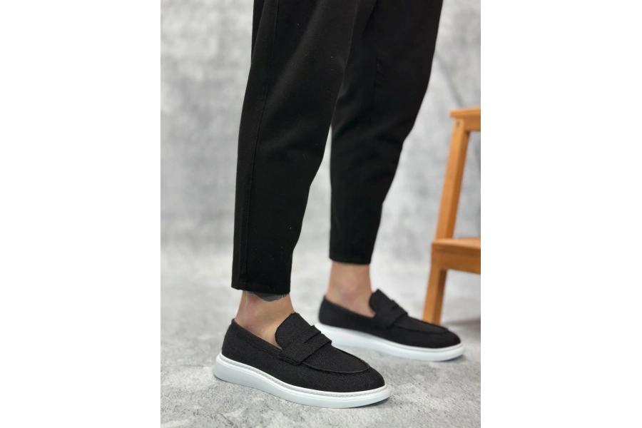 Shoecide Sb0355 Bağcıksız Keten Siyah Klasik Corcik Erkek Ayakkabı