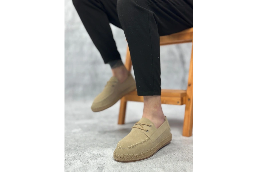Shoecide Sb0358 Boa Doğal Deri Tozu Bağcıklı Kauçuk El Yapımı Espadril Taban Bej Renk Erkek Ayakkabı