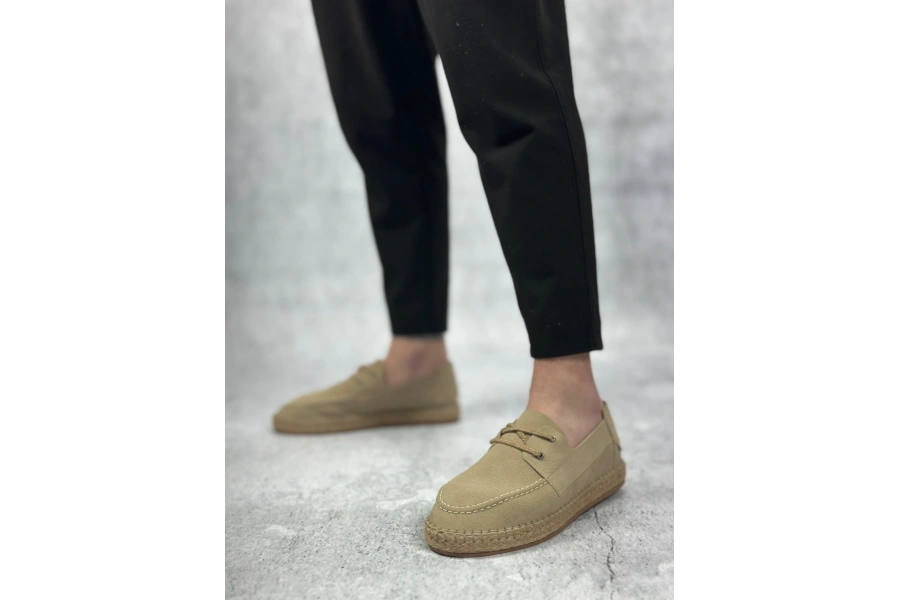 Shoecide Sb0358 Boa Doğal Deri Tozu Bağcıklı Kauçuk El Yapımı Espadril Taban Bej Renk Erkek Ayakkabı