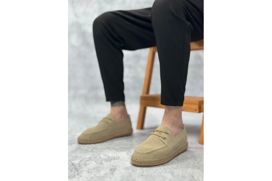 Shoecide Sb0358 Boa Doğal Deri Tozu Bağcıklı Kauçuk El Yapımı Espadril Taban Bej Renk Erkek Ayakkabı