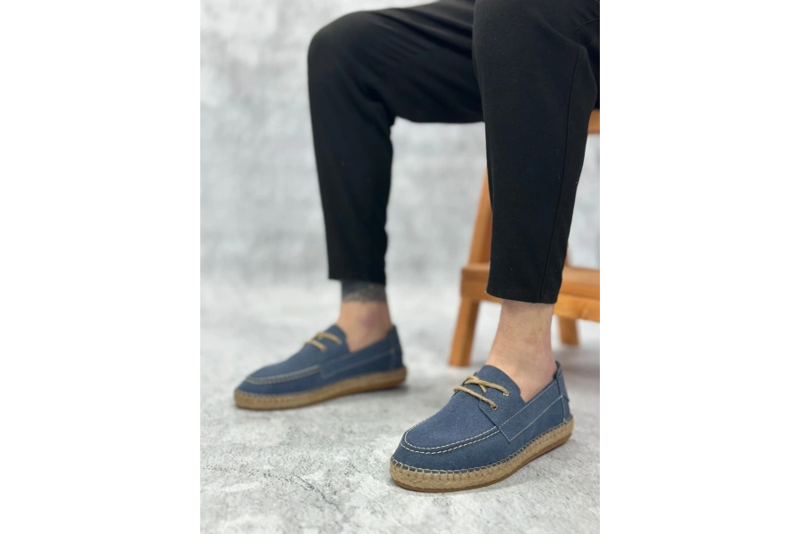 Shoecide Sb0358 Boa Doğal Deri Tozu Bağcıklı Kauçuk El Yapımı Espadril Taban Mavi Renk Erkek Ayakkabı