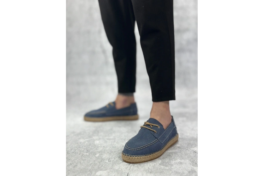 Shoecide Sb0358 Boa Doğal Deri Tozu Bağcıklı Kauçuk El Yapımı Espadril Taban Mavi Renk Erkek Ayakkabı