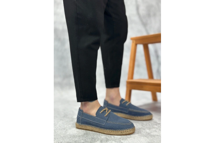 Shoecide Sb0358 Boa Doğal Deri Tozu Bağcıklı Kauçuk El Yapımı Espadril Taban Mavi Renk Erkek Ayakkabı