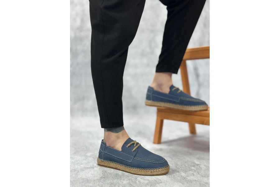 Shoecide Sb0358 Boa Doğal Deri Tozu Bağcıklı Kauçuk El Yapımı Espadril Taban Mavi Renk Erkek Ayakkabı