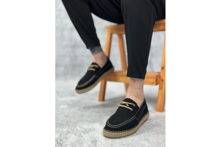 Shoecide Sb0358 Boa Doğal Deri Tozu Bağcıklı Kauçuk El Yapımı Espadril Taban Siyah Renk Erkek Ayakkabı