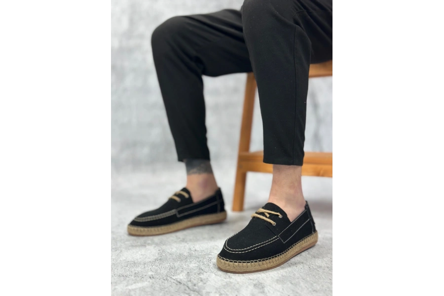 Shoecide Sb0358 Boa Doğal Deri Tozu Bağcıklı Kauçuk El Yapımı Espadril Taban Siyah Renk Erkek Ayakkabı