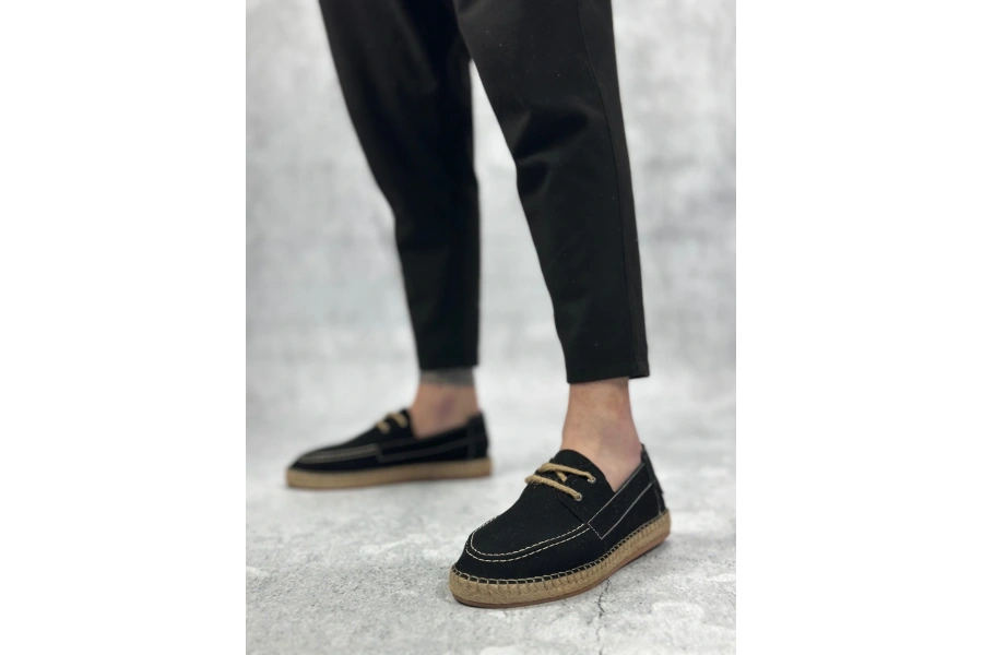 Shoecide Sb0358 Boa Doğal Deri Tozu Bağcıklı Kauçuk El Yapımı Espadril Taban Siyah Renk Erkek Ayakkabı