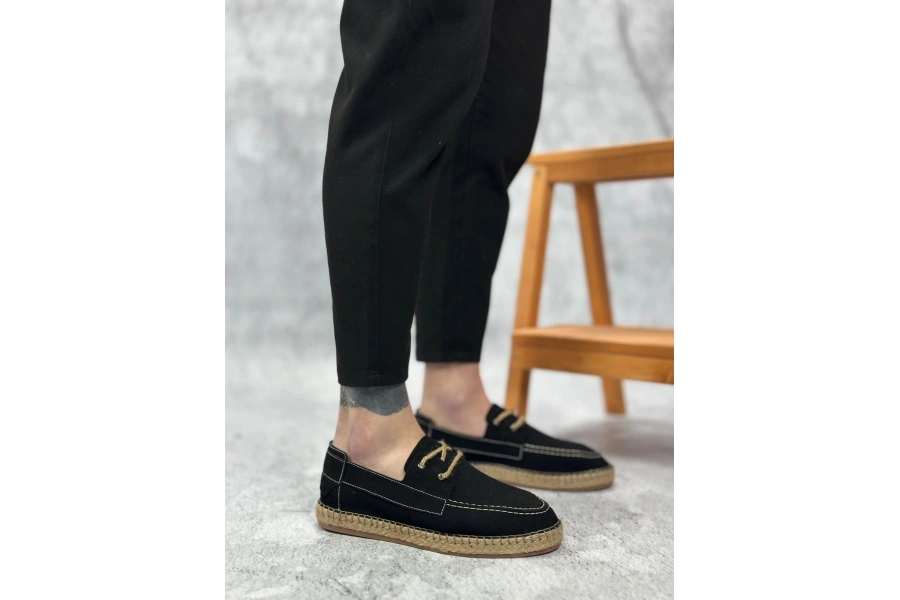 Shoecide Sb0358 Boa Doğal Deri Tozu Bağcıklı Kauçuk El Yapımı Espadril Taban Siyah Renk Erkek Ayakkabı