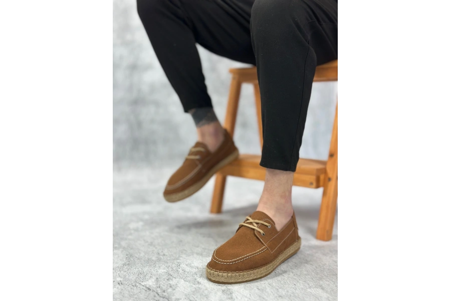 Shoecide Sb0358 Boa Doğal Deri Tozu Bağcıklı Kauçuk El Yapımı Espadril Taban Taba Renk Erkek Ayakkabı