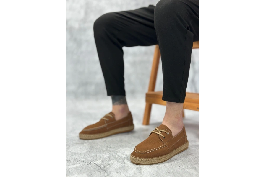 Shoecide Sb0358 Boa Doğal Deri Tozu Bağcıklı Kauçuk El Yapımı Espadril Taban Taba Renk Erkek Ayakkabı