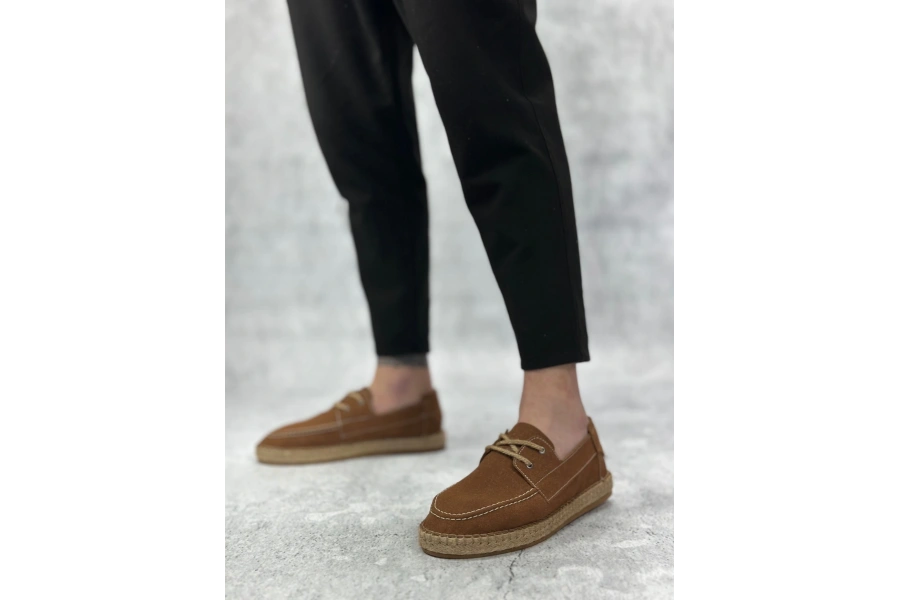 Shoecide Sb0358 Boa Doğal Deri Tozu Bağcıklı Kauçuk El Yapımı Espadril Taban Taba Renk Erkek Ayakkabı