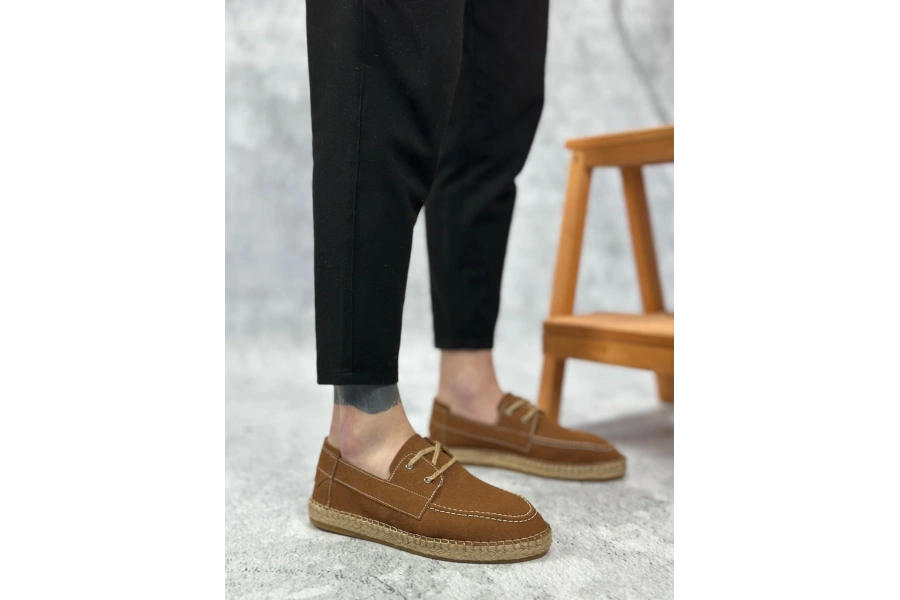 Shoecide Sb0358 Boa Doğal Deri Tozu Bağcıklı Kauçuk El Yapımı Espadril Taban Taba Renk Erkek Ayakkabı