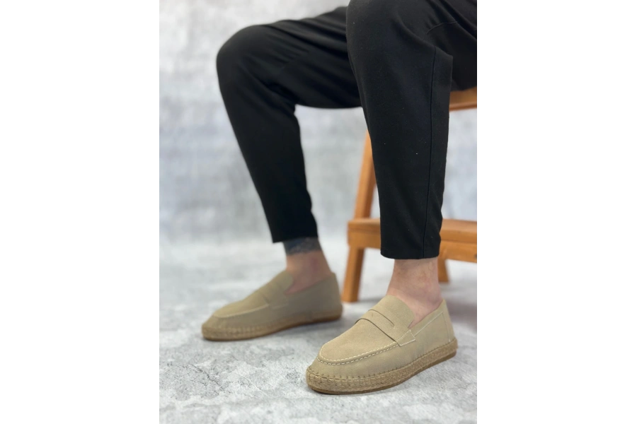 Shoecide Sb0359 Boa Doğal Deri Tozu Bağcıksız Kauçuk El Yapımı Espadril Taban Krem Renk Erkek Ayakkabı