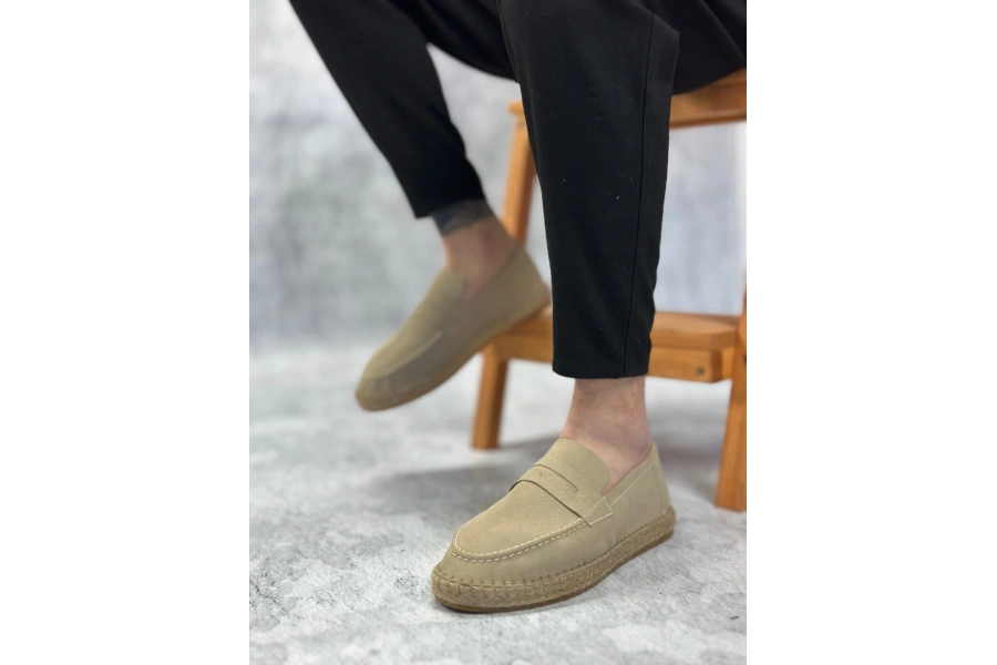 Shoecide Sb0359 Boa Doğal Deri Tozu Bağcıksız Kauçuk El Yapımı Espadril Taban Krem Renk Erkek Ayakkabı