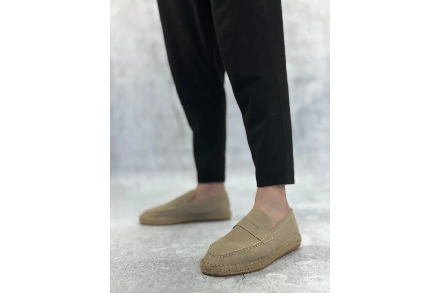 Shoecide Sb0359 Boa Doğal Deri Tozu Bağcıksız Kauçuk El Yapımı Espadril Taban Krem Renk Erkek Ayakkabı