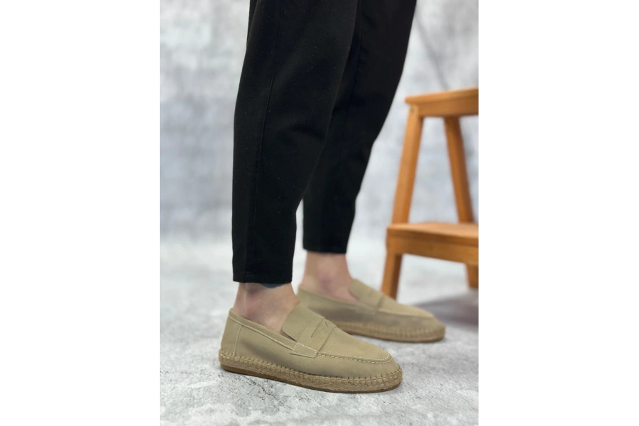 Shoecide Sb0359 Boa Doğal Deri Tozu Bağcıksız Kauçuk El Yapımı Espadril Taban Krem Renk Erkek Ayakkabı