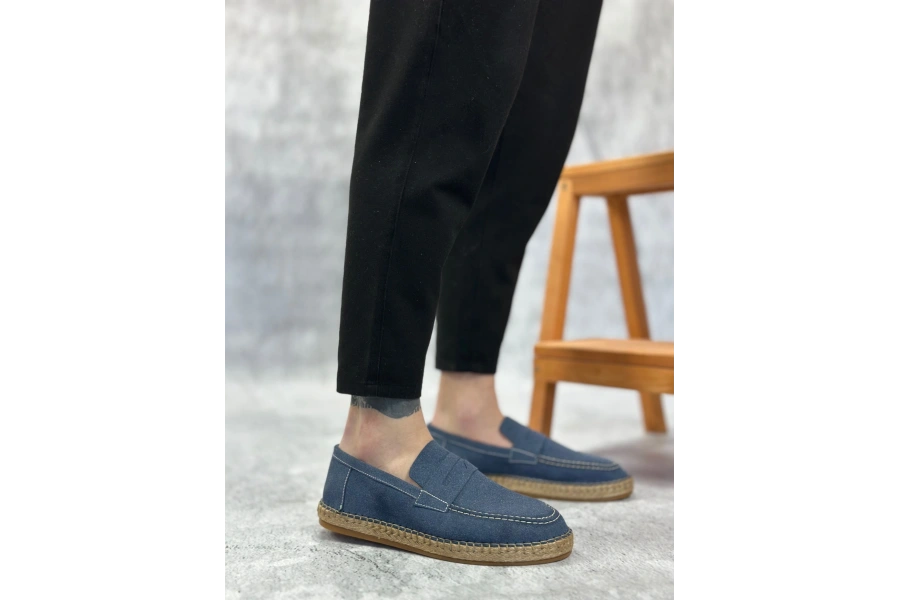 Shoecide Sb0359 Boa Doğal Deri Tozu Bağcıksız Kauçuk El Yapımı Espadril Taban Mavi Renk Erkek Ayakkabı