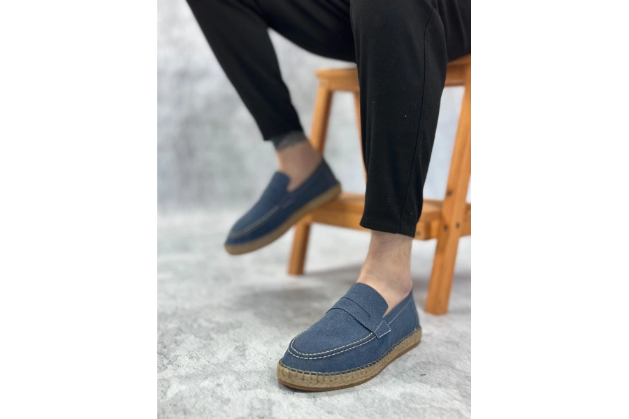 Shoecide Sb0359 Boa Doğal Deri Tozu Bağcıksız Kauçuk El Yapımı Espadril Taban Mavi Renk Erkek Ayakkabı