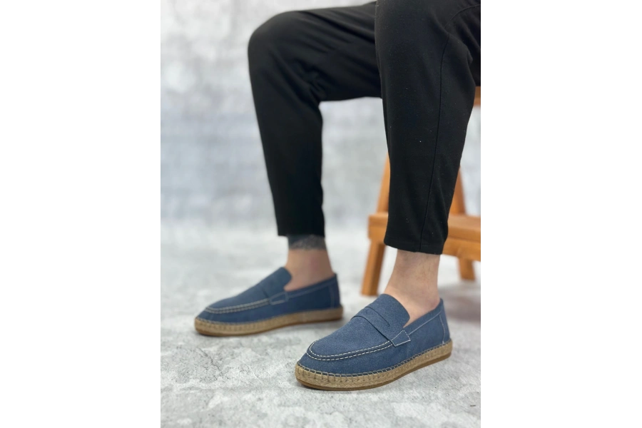 Shoecide Sb0359 Boa Doğal Deri Tozu Bağcıksız Kauçuk El Yapımı Espadril Taban Mavi Renk Erkek Ayakkabı