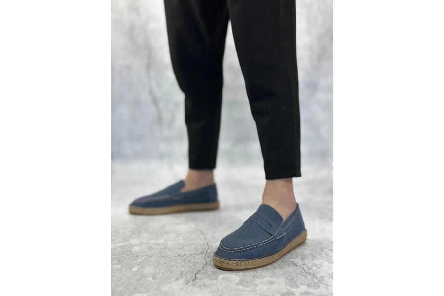 Shoecide Sb0359 Boa Doğal Deri Tozu Bağcıksız Kauçuk El Yapımı Espadril Taban Mavi Renk Erkek Ayakkabı