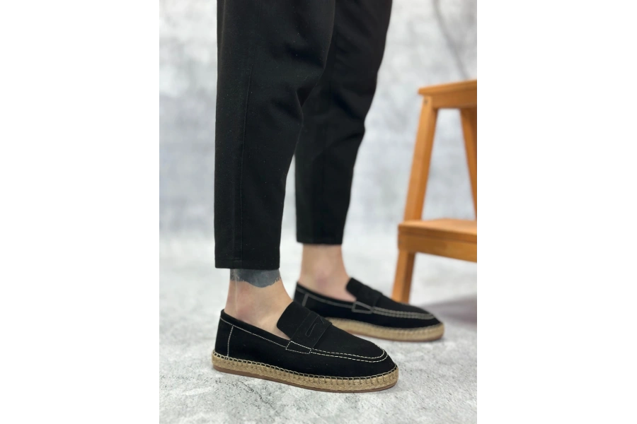 Shoecide Sb0359 Boa Doğal Deri Tozu Bağcıksız Kauçuk El Yapımı Espadril Taban Siyah Renk Erkek Ayakkabı