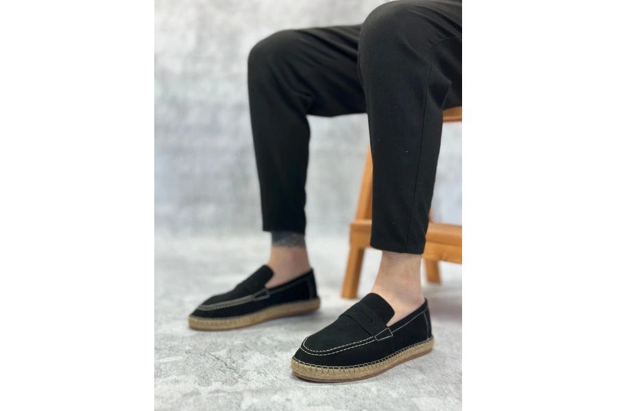 Shoecide Sb0359 Boa Doğal Deri Tozu Bağcıksız Kauçuk El Yapımı Espadril Taban Siyah Renk Erkek Ayakkabı