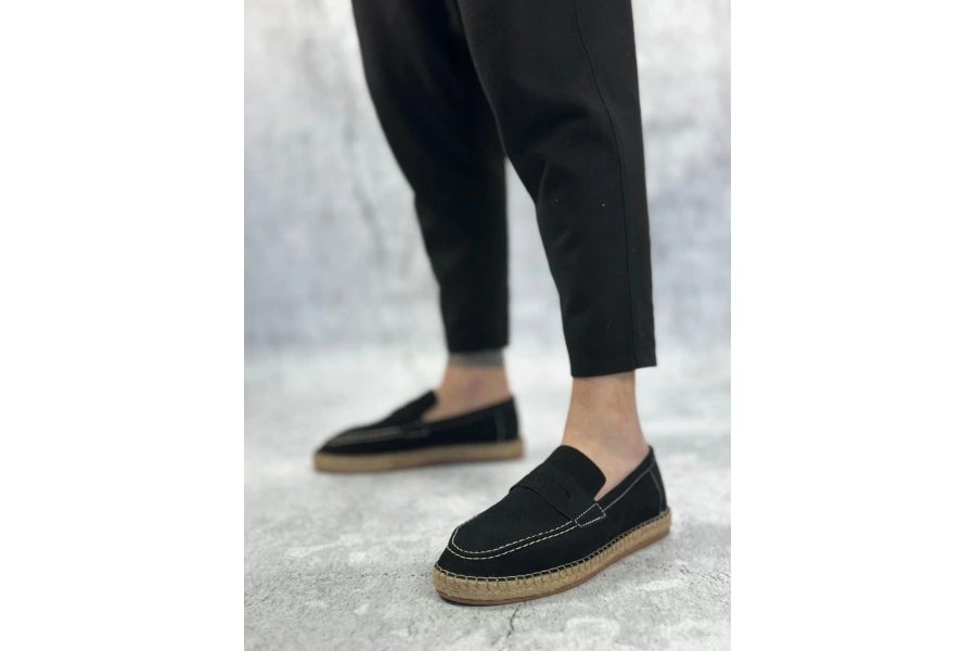 Shoecide Sb0359 Boa Doğal Deri Tozu Bağcıksız Kauçuk El Yapımı Espadril Taban Siyah Renk Erkek Ayakkabı