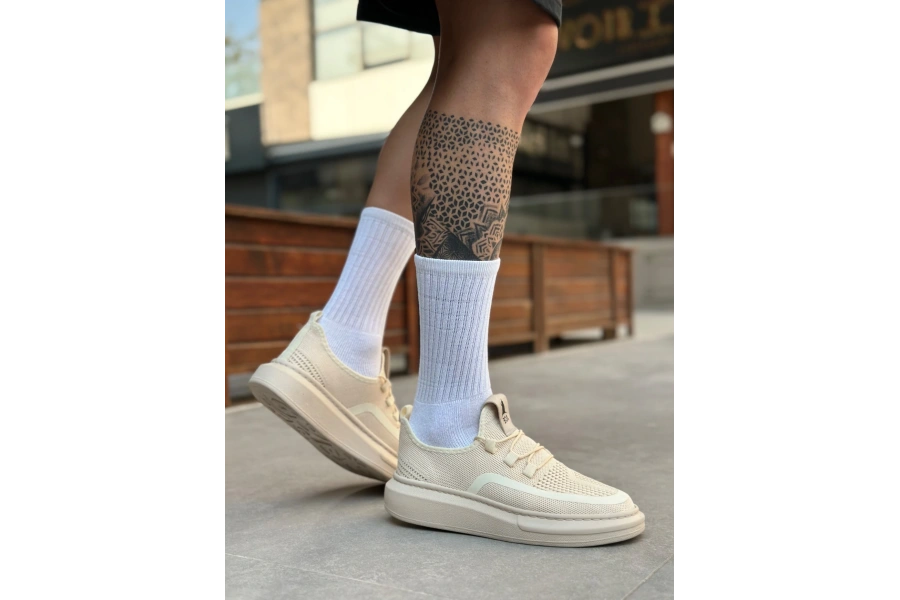 Shoecide Sb0375 Özel Örme Triko Tarz Krem Renk Spor Ayakkabı