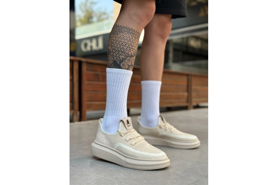 Shoecide Sb0375 Özel Örme Triko Tarz Krem Renk Spor Ayakkabı