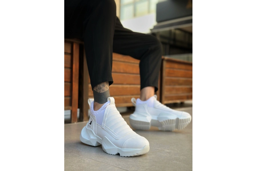 Shoecide Sb0401 Bağcıksız Rahat Kalın Taban Beyaz Erkek Spor Yarım Bilek Bot