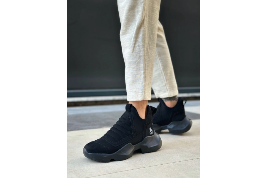 Shoecide Sb0401 Bağcıksız Rahat Yüksek Siyah Taban Siyah Süet Erkek Spor Yarım Bilek Bot