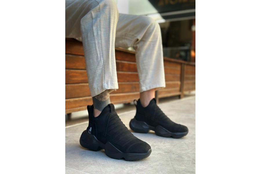 Shoecide Sb0401 Bağcıksız Rahat Yüksek Siyah Taban Siyah Süet Erkek Spor Yarım Bilek Bot