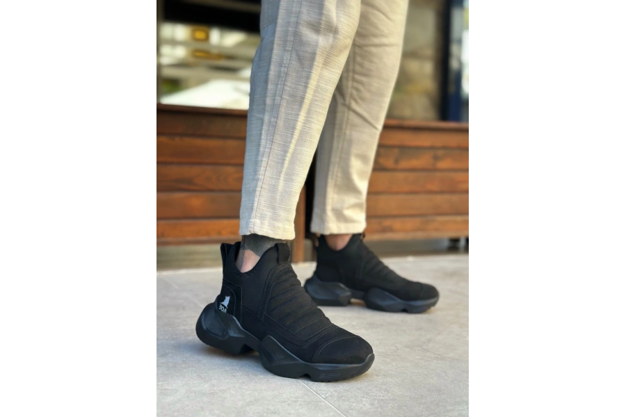 Shoecide Sb0401 Bağcıksız Rahat Yüksek Siyah Taban Siyah Süet Erkek Spor Yarım Bilek Bot