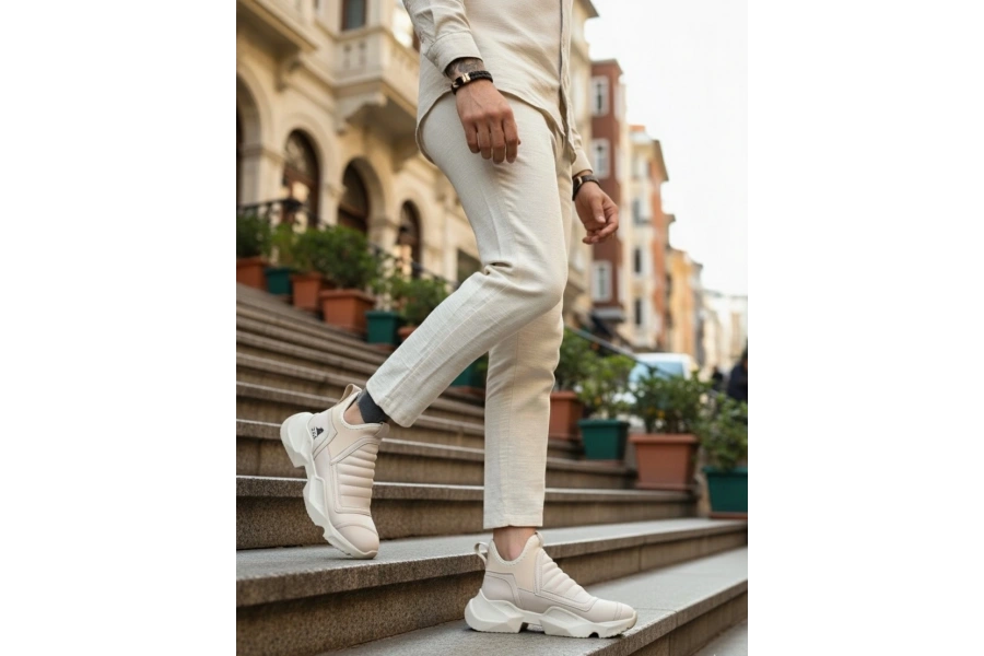 Shoecide Sb0401 Bağcıksız Rahat Yüksek Taban Krem Erkek Spor Yarım Bilek Bot