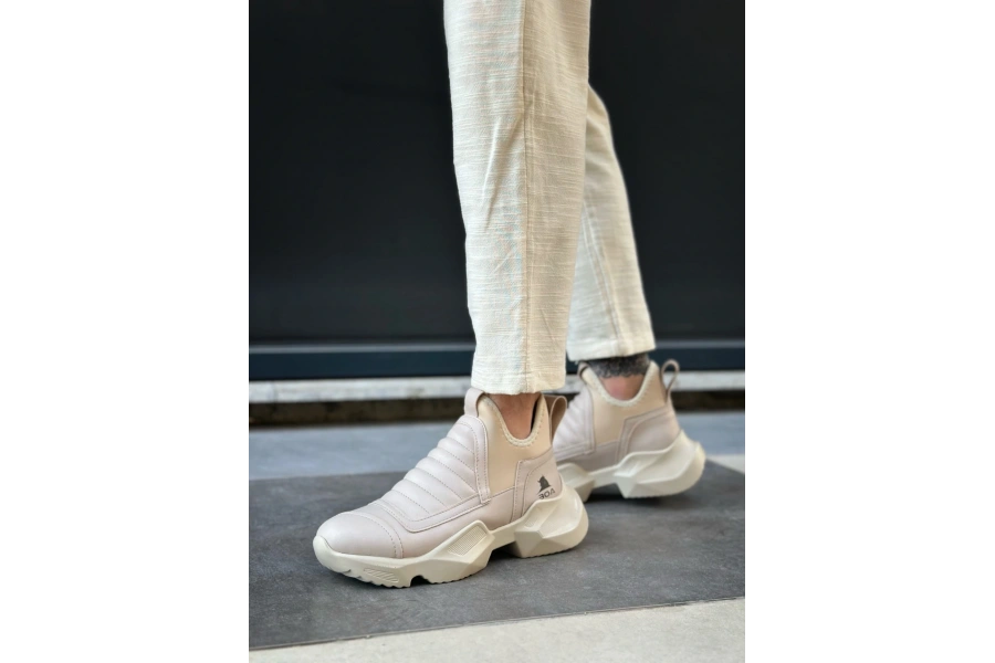 Shoecide Sb0401 Bağcıksız Rahat Yüksek Taban Krem Erkek Spor Yarım Bilek Bot
