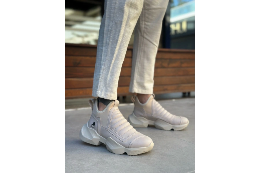 Shoecide Sb0401 Bağcıksız Rahat Yüksek Taban Krem Erkek Spor Yarım Bilek Bot