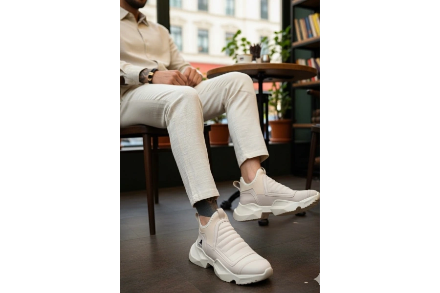 Shoecide Sb0401 Bağcıksız Rahat Yüksek Taban Krem Erkek Spor Yarım Bilek Bot