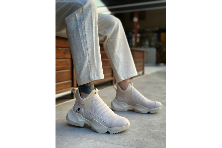 Shoecide Sb0401 Bağcıksız Rahat Yüksek Taban Krem Erkek Spor Yarım Bilek Bot