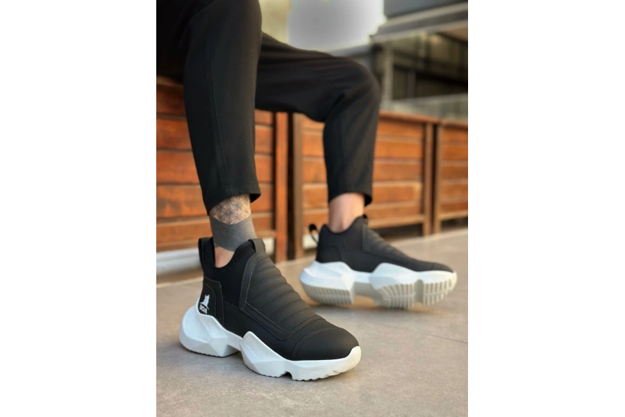 Shoecide Sb0401 Bağcıksız Rahat Yüksek Taban Siyah Erkek Spor Yarım Bilek Bot